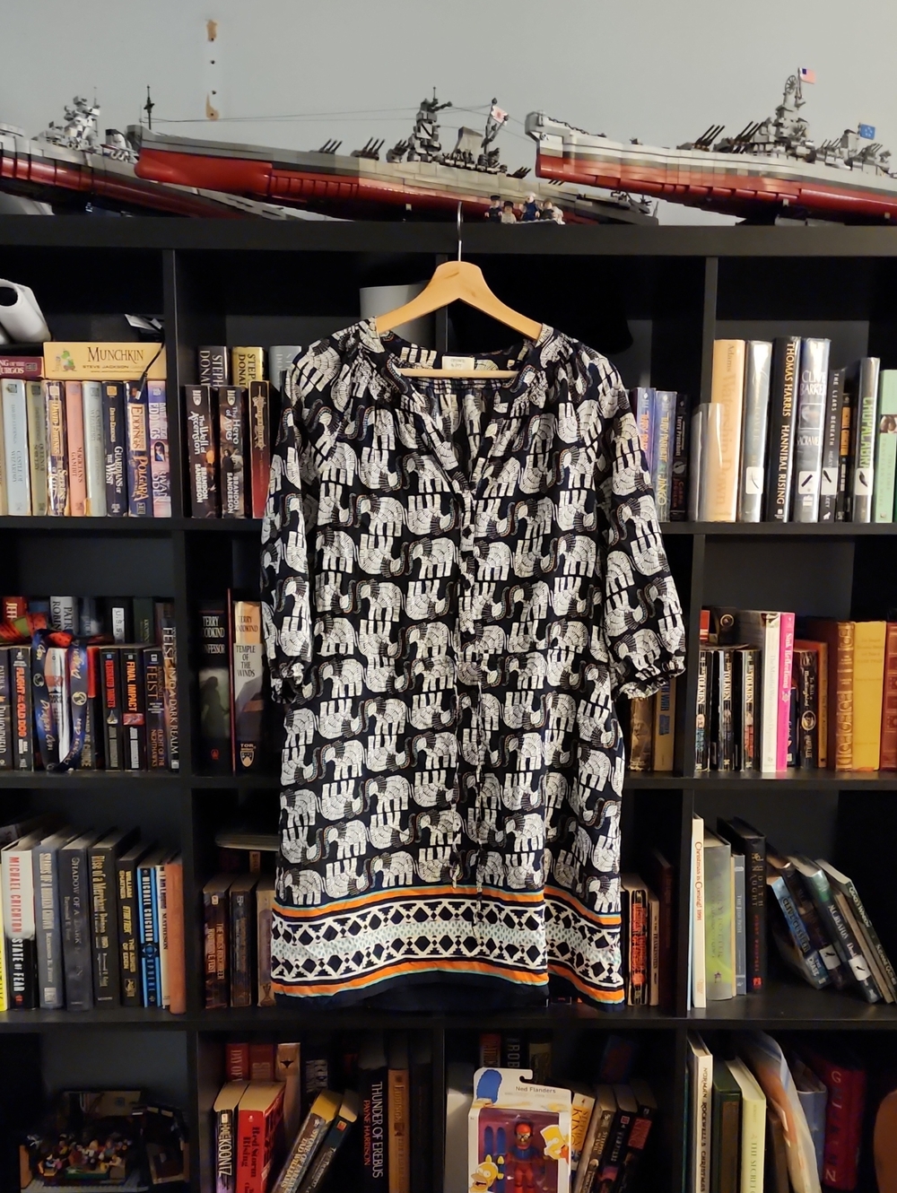 Crown & Ivy Navy Dress with White Elephant Print and Multicolor Hem